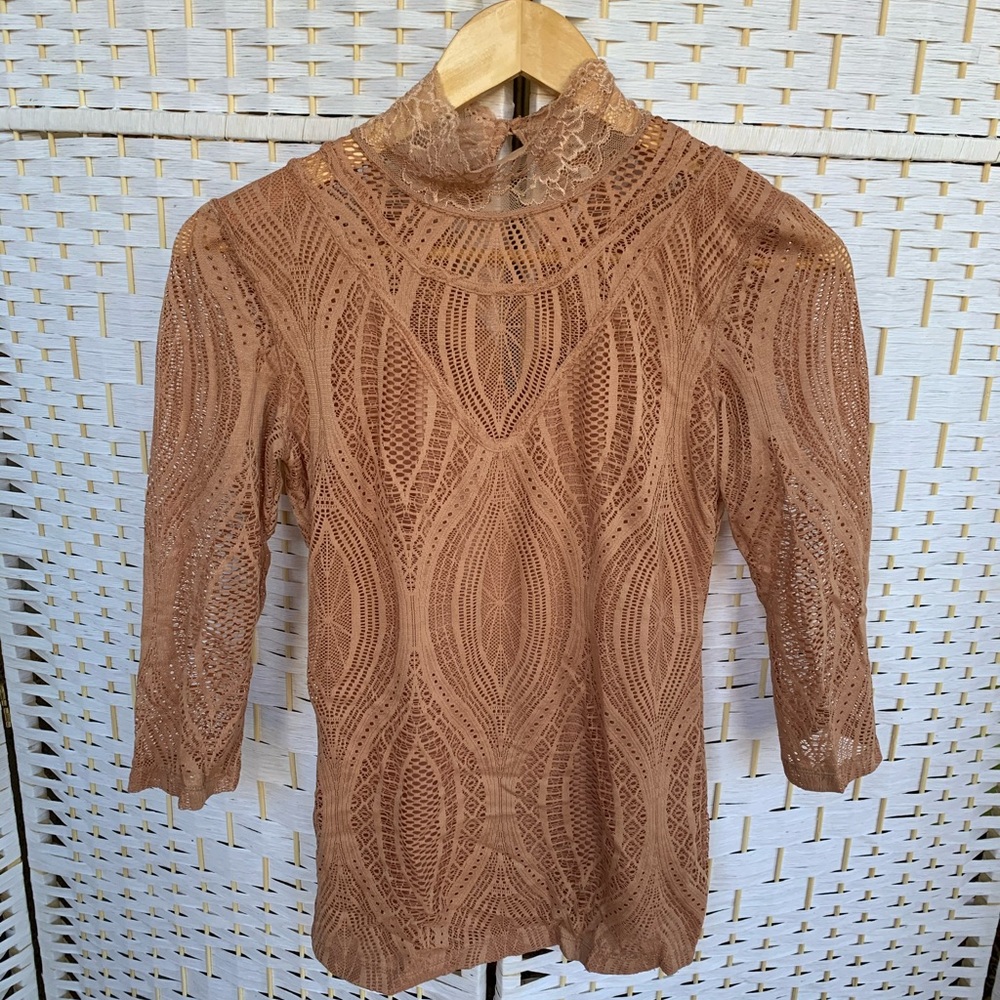Free People Blush Mock Neck Lace Victorian Top